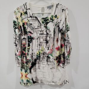 Womens Lightweight Sweater Size Small Scenic Italy European Twee‎ Watercolor Art